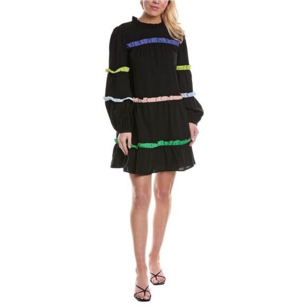 Crosby By Mollie Burch Darby Tiered Ruffle Trim Balloon Sleeve Black Short Dress